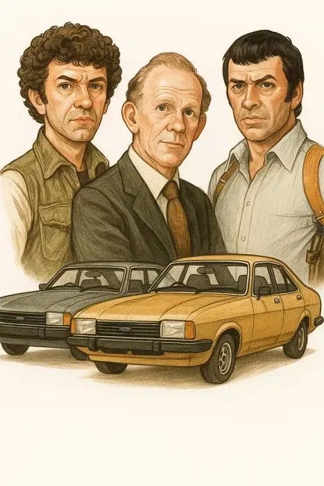 Caricature of Doyle, Cowley, and Bodie from “The Professionals” standing behind grey and gold Ford Capri cars on a white background.